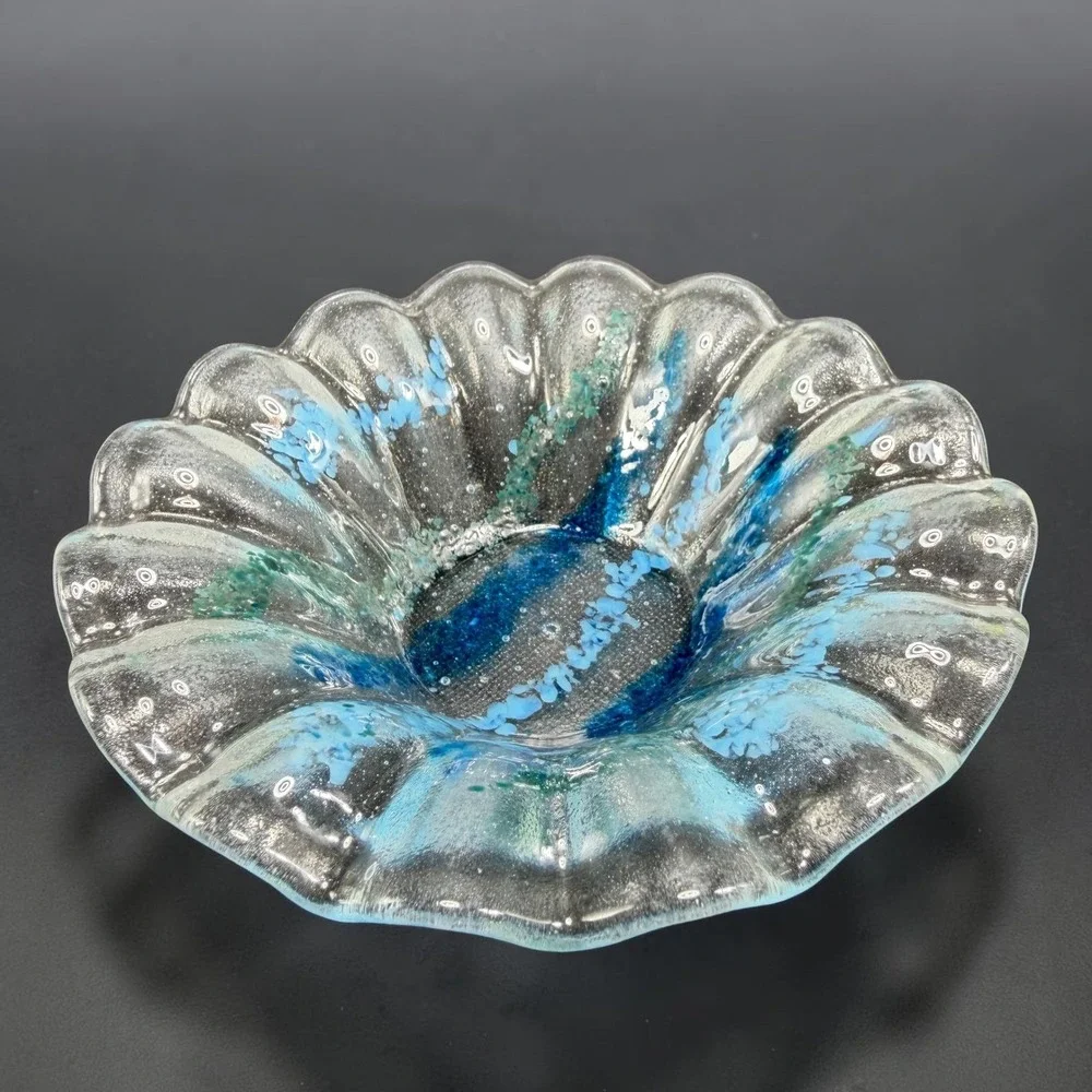 Artisan Fused Glass Scalloped Bowl Blue Teal Striped Coastal Decor Hand Made 5in